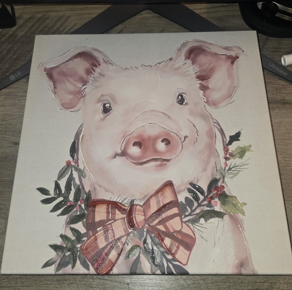 Pig Canvas Wall Art Farmhouse Decor Pink Pig with Bow & Wreath